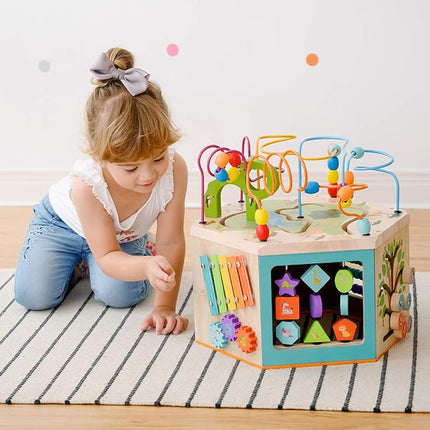 Teamson Kids Preschool Play Lab 7-in-1 Large Wooden Activity Cube Station Center Bead Maze and Counting for Kids Baby Toys, Natural