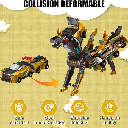 2-in-1 Collision Transformation Dinosaur Car Toy |Magnetic Cars Convertible Robot Toys|DinosaurToys for Kids 3-12 Ideal Christmas Birthday Gift for Boys(Golden)