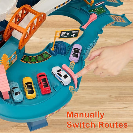 Toy Car Ramp Track, Climbing Hills Railcar Colorful Vehicles Construction Play Set with 12 Mini Racer Cars for Kids 3+(Dinosaur)