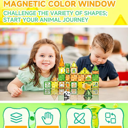 Magnetic Tiles - 47 Pcs Wildlife Building Blocks Set - Sensory Travel Toys for Toddler - STEM Construction Playboards Stacking Toy - DIY Window Art - Birthday Gifts for Boy, Girl