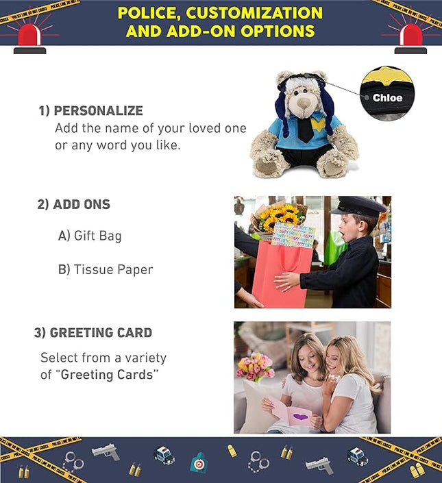 DolliBu Polar Bear Police Officer Super Soft Plush Toy - Soft Polar Bear Cop Stuffed Animal Dress Up with Cute Cop Uniform and Cap Outfit - Gift with Personalization - 10 Inches