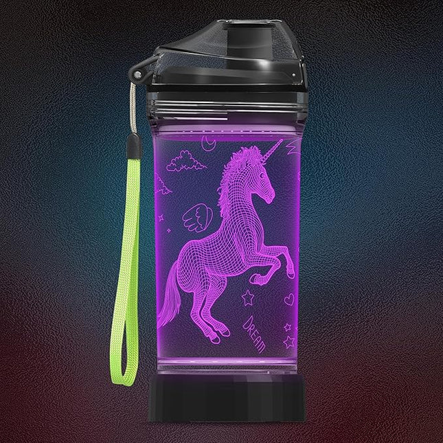 Unicorn Gifts for Girls, Light Up 3D Unicorn Water Bottle, 14oz Tritan BPA Free - Kids Drinking Cup - Christmas Holiday