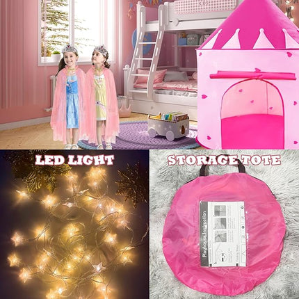 WTOR 15Pcs Princess Castle Play Tent Dress Up with LED Glow in The Dark Stars for Little Girls－Princess Dress Up Cape with Crown,Girl Play Tent/House Toy for Indoor & Outdoor Use (Pink)
