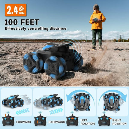 Eulogia RC Stunt Car for Boys 5-12, High Speed 360° Rotating, Drift 4WD Remote Control Car with Headlights, 2.4GHz Electric Rechargeable Race Stunt Toy Car for Boys Girls Birthday (Blue)