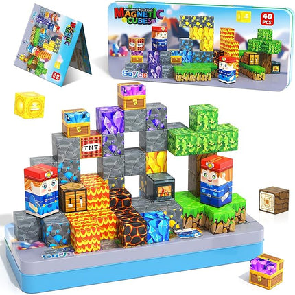 Magnetic Blocks Travel Toys with Metal Tin Travel Essentials STEM Learning Outdoor Building Kids Toddler Toys & Birthday Gifts for Boys Girls Ages 3+