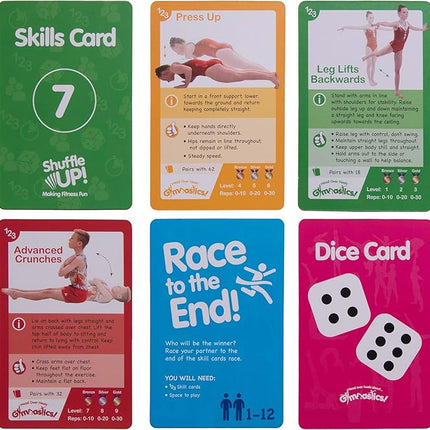 Shuffle Up Gymnastics Card Games - 70+ Fun & Active Skills Cards for Kids, Fitness Cards Develop Fundamentals, Stamina & Strength, Easy to Play for Kids | Multiple Skills Level Cards Include 2 Dices