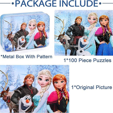 LELEMON Snowmen 100 Piece Puzzle in a Metal Box, Educational Jigsaw Puzzle for Ages 4-8