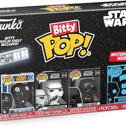 Funko Bitty POP! Star Wars - Darth Vader, 4-Pack - Darth Vader, TIE Fighter Pilot, Stormtrooper and A Surprise Mystery Mini Figure - 0.9 Inch (2.2 Cm) Collectable - Stackable Display Shelf Included