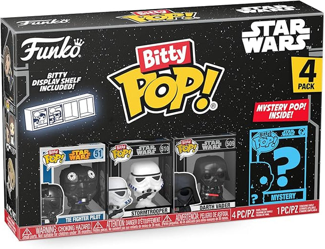 Funko Bitty POP! Star Wars - Darth Vader, 4-Pack - Darth Vader, TIE Fighter Pilot, Stormtrooper and A Surprise Mystery Mini Figure - 0.9 Inch (2.2 Cm) Collectable - Stackable Display Shelf Included