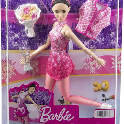 Barbie Winter Sports Ice Skater Brunette Doll (12 Inches) with Pink Dress, Jacket, Rose Bouquet & Trophy, Great Gift for Ages 3 and Up