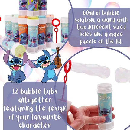 Toyland® Pack of 12 Stitch Bubbles with Wands, 60ml Solution & Novelty Maze Lid - Pocket Money & Party Bag Toys