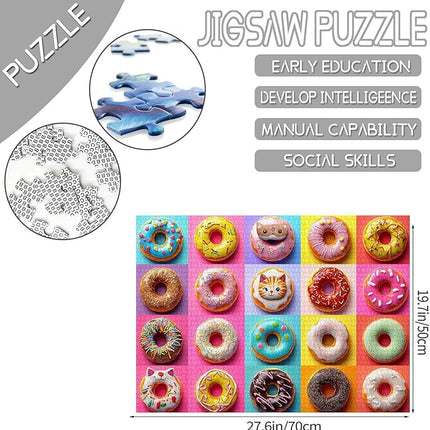 Different Shapes Colors Doughnuts Jigsaw Puzzle 1000 Pieces Puzzles for Adults, Colorful Playful Donut Jigsaw Puzzles for Challenging Family Activity Games DIY Puzzle for Home Decor - 20 x 27 Inches