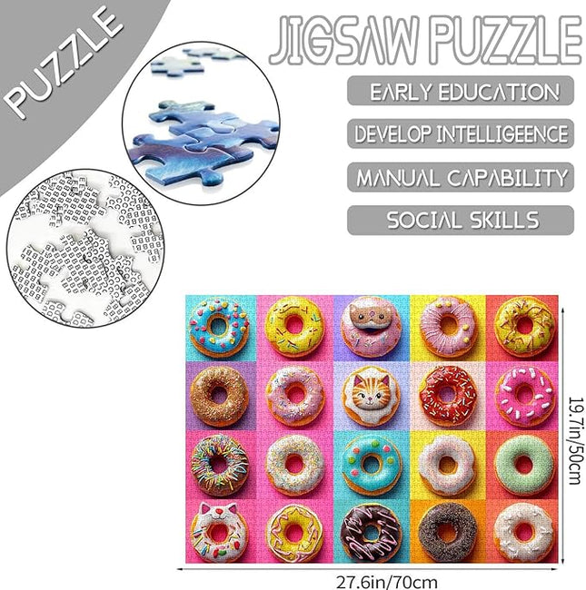 Different Shapes Colors Doughnuts Jigsaw Puzzle 1000 Pieces Puzzles for Adults, Colorful Playful Donut Jigsaw Puzzles for Challenging Family Activity Games DIY Puzzle for Home Decor - 20 x 27 Inches