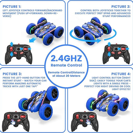 Remote Control Car for Kids, 2.4GHz 4WD Stunt RC Car with Double-Sided 360° Flips, Rechargeable LED Light Off-Road Toy Car for Boys Girls Ages 6-12
