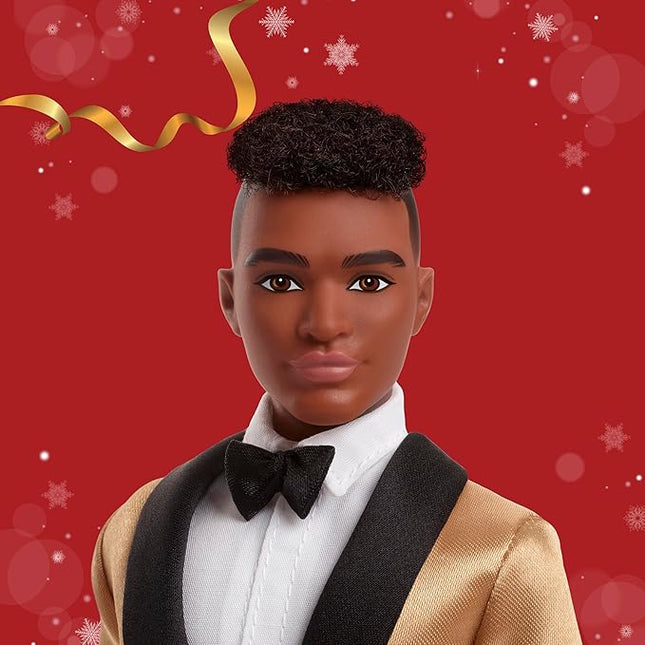 Barbie Signature 2025 Holiday Dark Brown Hair Ken Collectible Fashion Doll Wearing Full Suit with Golden Jacket in Displayable Packaging & Doll Stand