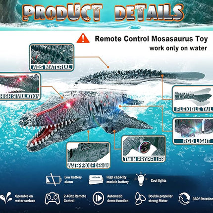 2.4GHz Remote Control Mosasaurus Dinosaur Swimming Pool High Simulation Toys, RC Boat Lake Bathroom 8-12 Years Boys Girls Christmas Halloween Tricky Birthday Gift