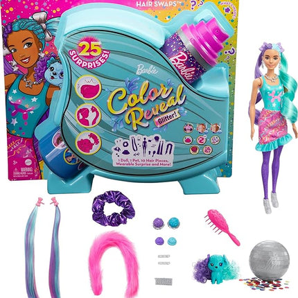Barbie Color Reveal Doll, Glittery Purple with 25 Hairstyling & Party-Themed Surprises Including 10 Plug-in Hair Pieces