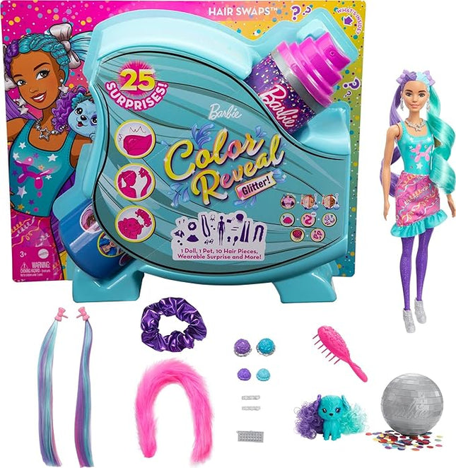 Barbie Color Reveal Doll, Glittery Purple with 25 Hairstyling & Party-Themed Surprises Including 10 Plug-in Hair Pieces