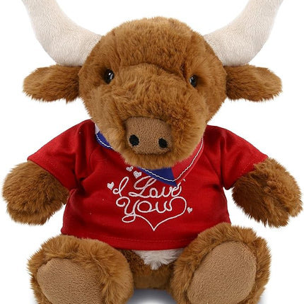 DolliBu I Love You Valentine Texas Longhorn - Cute Stuffed Animal with Red Shirt and Name Personalization Gift for Valentines Day, Birthday, Anniversary, Romantic Date - 9 Inches