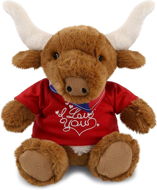 DolliBu I Love You Valentine Texas Longhorn - Cute Stuffed Animal with Red Shirt and Name Personalization Gift for Valentines Day, Birthday, Anniversary, Romantic Date - 9 Inches