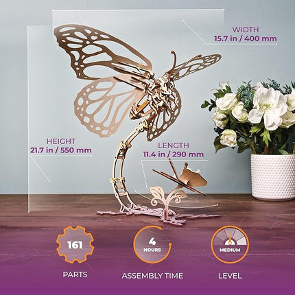 Ugears Wooden 3D Puzzles for Adults - Butterfly Puzzle Mechanical Model Kit - 3D Wood Puzzles Adult Automaton - Kinetic Sculpture Models for Adults to Build Butterfly Kit DIY Miniature Kit - 161 Pcs