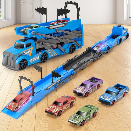 2-in-1 Folding Ejector Truck Slalom Track Car Set with 4 Racing Cars - Alloy Toy Car Folding Mini Car Set, Birthday Gift for 3 (Single Track Racing Blue)