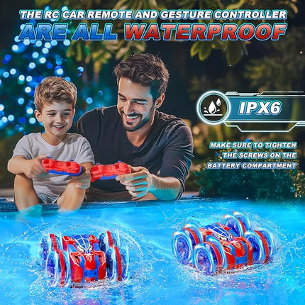 Waterproof Remote Control Car，4WD Land & Water 2.4 GHz RC Car Remote Control Boat，360°Rotation RC Stunt with LED Lights，Boys Girls Gifts All Terrain Water Beach Pool Toy