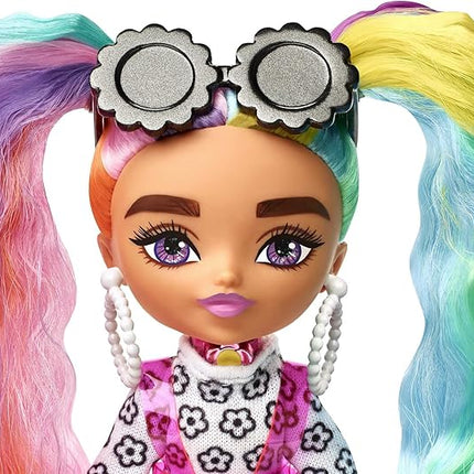 Barbie Extra Minis Doll #6 Wearing Flower Print Dress with Rainbow Hair, Doll Stand & Accessories Including Sunglasses & Purse, 5.5-inch