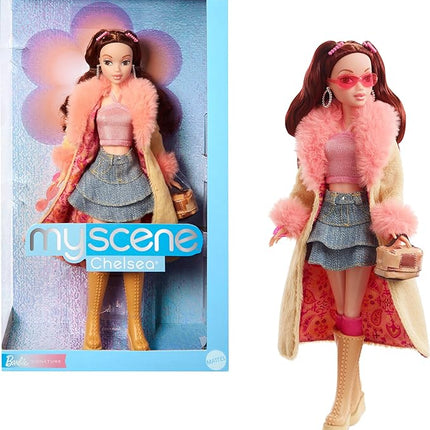 Barbie Signature My Scene Doll & Accessories, Chelsea in Y2K-Inspired Outfit with Butterfly Top, Cargo Jeans, Denim Bag & Display Stand