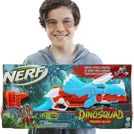 Nerf DinoSquad Tricera-Blast Dart Blaster, 12 Nerf Elite Darts, Kids Outdoor Toys, Dinosaur Toys for 8 Year Old Boys and Girls and Up, Triceratops Design
