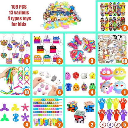 109 PCS Premium Party Favors Toys for Kids,Assortment Mini Pop Fidget it Toys for All Ages Kids,Classroom Prizes,Treasure Chest, Prize Box Toys, Goody Bag Fillers,Carnival Prizes for Boys Girls 4-10