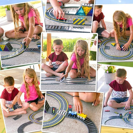 Magnetic Tiles Road & Train Track Expansion Pack Magnetic Building Blocks Construction Kids Toys for Ages 3-12 Boys Girls Building Toys Includes Road Tracks, Traffic Lights, Parking Spot