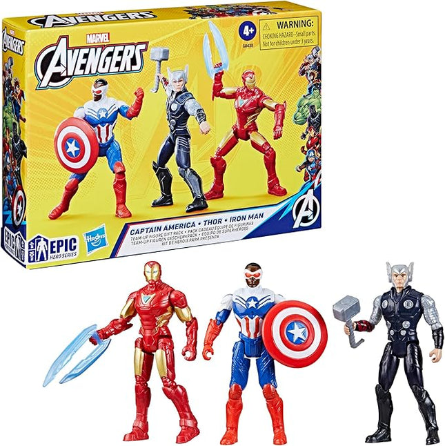 Marvel Avengers Epic Hero Series Team-Up Gift Pack, 4-Inch-Scale (10cm) Captain America, Thor, Iron Man Action Figures, Toys for Kids Ages 4 and Up (Amazon Exclusive)