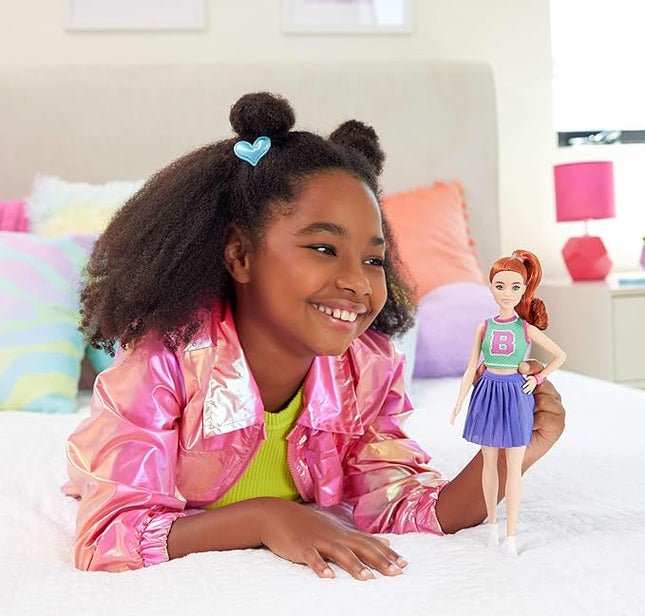 Barbie Fashionistas Doll #232 with Red Hair, Wearing Sporty “B” Jersey Top and Pleated Purple Skirt with Watch and Sneakers