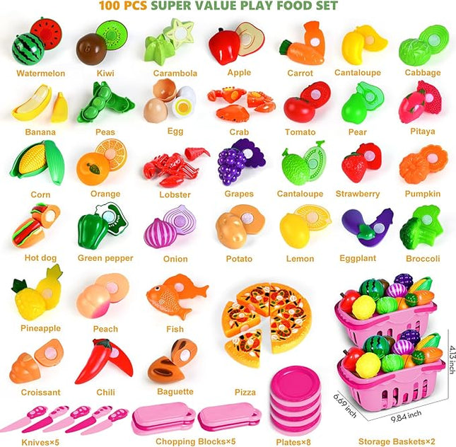 100 Pcs Play Food Set for Kids Kitchen, Pretend Food Toy for Toddlers, Play Kitchen Toys Accessories with 2 Baskets, Cutting Fake Food/Fruit/Vegetable, Christmas Birthday Gifts for Boys and Girls