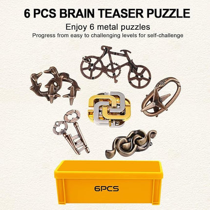 6 PCS Metal Brain Teaser Puzzles Logic Metal Puzzle for Adult Kid Toy Lock Puzzles Gift for Adults Teenagers Kids