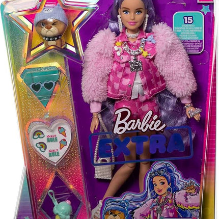 Barbie Extra Doll & Accessories with Long Periwinkle Hair, Teddy Bear-Print Denim Jacket, Matching Shorts & Pet Puppy