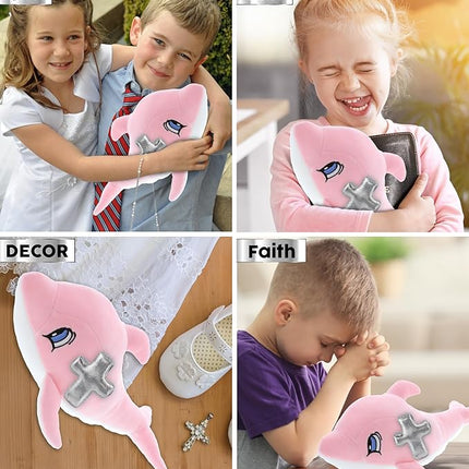 DolliBu Pink Dolphin Stuffed Animal with Silver Cross Plush - Religious Baptism Gifts for Boys and Girls, Dedication Christening Gifts Plush Prayer Toy, Healing Stuffed Animal Toy - 12 Inches
