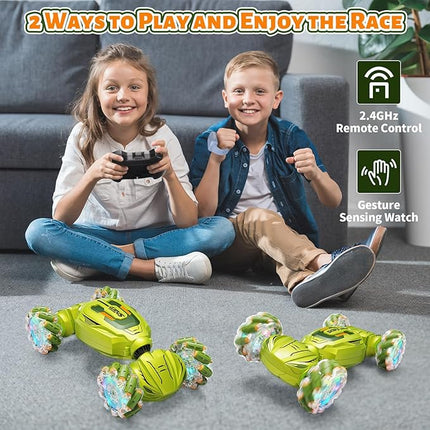 Gesture Sensing RC Stunt Car, Remote Control Car Christmas Birthday Gifts for Kids Age 6-12, 2.4Ghz Hand Controlled Twist Cars, 360° Rotating Off Road Car Toy for Boys Girls Age 6 7 8 9 10 11+(Green)