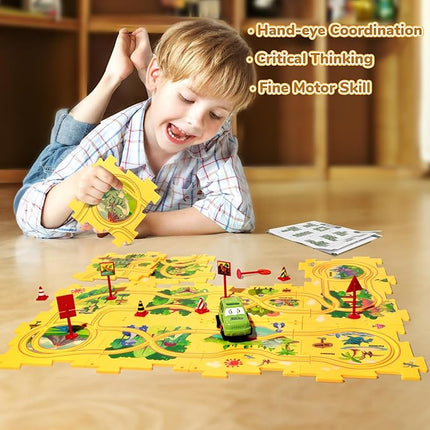 Plastic Dinosaur Puzzles for Kids with A Cute Car, Montessori Toys for 3 4 5 6 Year Old Boys, Race Tracks for Kids 3-5, Toddler Puzzle Track Play Set, Gifts for 3 4 5 6 Year Old Boys Toys