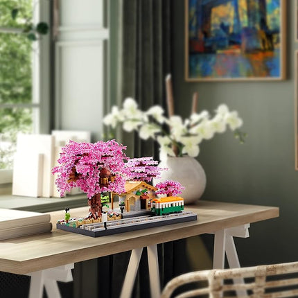 Architecture, Japanese Sakura Tree Class Train Station Cherry Blossom Tree Building Block Model Kit 3668 PCS for Adults and Kids, Classical Building Micro Blocks Set,Mini DIY Assembly Toy