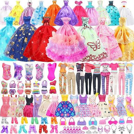 100 Pcs Doll Clothes and Accessories - 5 Wedding Gowns 10 Slip Dresses 2 Fashion Dresses 2 Tops 2 Pants 2 Bikini Swimsuits 10 Shoes and Accessories for 11.5 inch Dolls,Doll Dress up Toys for Girl Gift