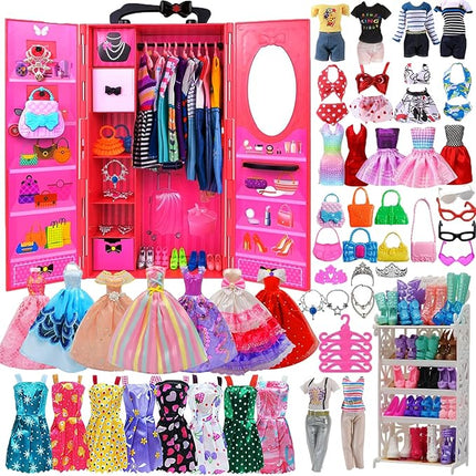 108 Pcs Doll Clothes and Accessories with Closet Wardrobe for 11.5 Inch Doll, Wedding Gowns Dresses Swimsuits Hangers Necklace Bags, Birthday for 4 5 6 7 8 9 10 11 12 Year Old Girl