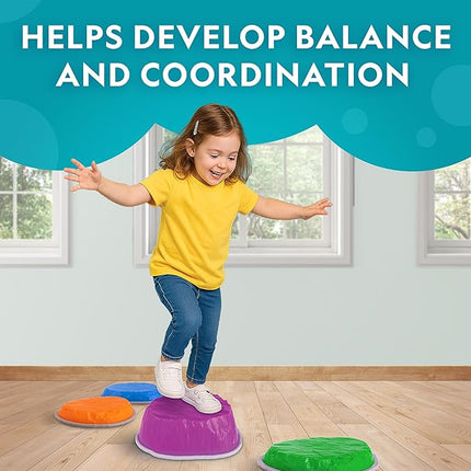 National Geographic Kids Jumbo Balance Stepping Stones – 12 Non-Slip Stepping Stones in 3 Heights with Foam Dice & Play & Learn Cards, Indoor & Outdoor Obstacle Course for Kids Ages 3+