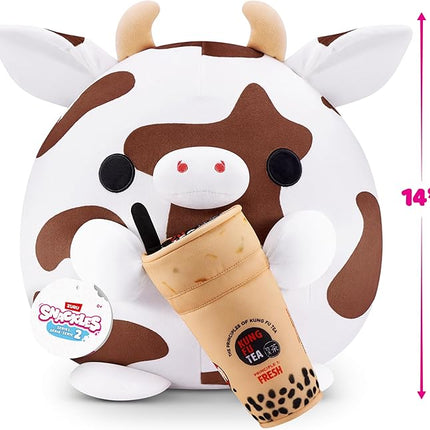 Snackles Series 2 14-inch by ZURU Cuddly Squishy Comfort 14-inch Plush with Licensed Snack Brand Accessory (Cow&Kung Fu Tea Bubble Tea)