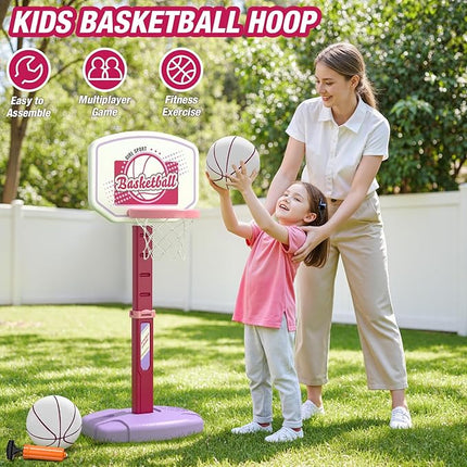 2 in 1 Kids Basketball Hoop and T Ball Set - Adjustable Height, Kids Baseball Tee with Automatic Pitching Machine, Indoor Outdoor Sport Toys Gifts for Toddler Boys Girls Age 1-5, Pink