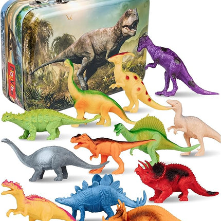 PLAYVIBE Dinosaur Toys - 12 Realistic 7-Inch Models, Multi-Color, Metal Storage Box - Dinosaur Figures & Action Figures for Kids Ages 3-7
