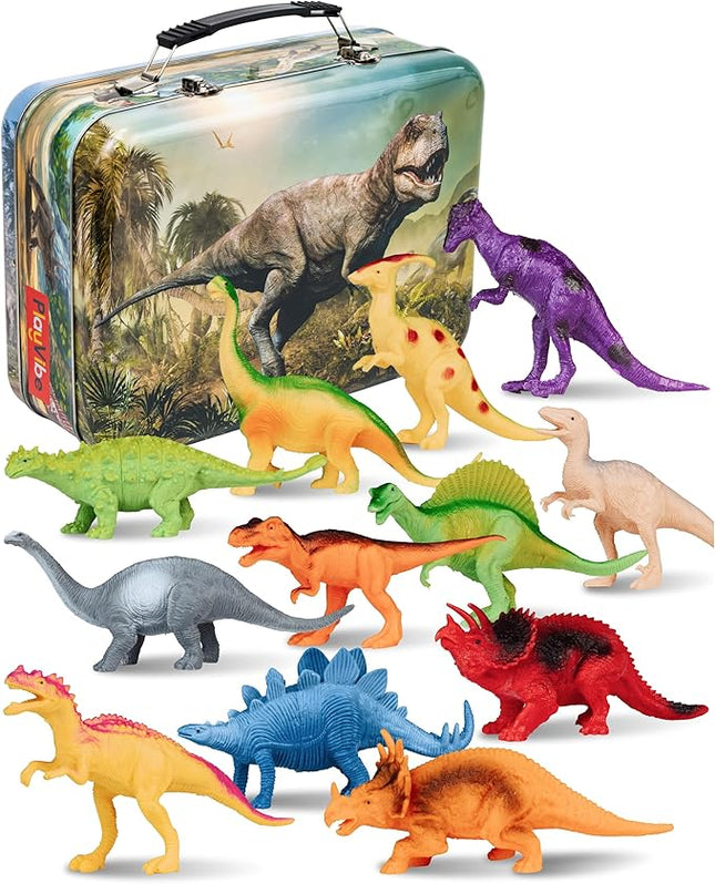 PLAYVIBE Dinosaur Toys - 12 Realistic 7-Inch Models, Multi-Color, Metal Storage Box - Dinosaur Figures & Action Figures for Kids Ages 3-7