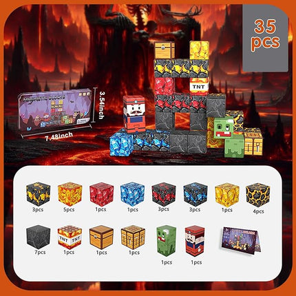 35PCS Magnetic Blocks for Kids - STEM Learning Creative Construction Sets Building Cubes with Portable Iron Storage Box, Educational Travel Games, Road Trip Sensory Toys Magnetic Tiles (Treasure Hunt)