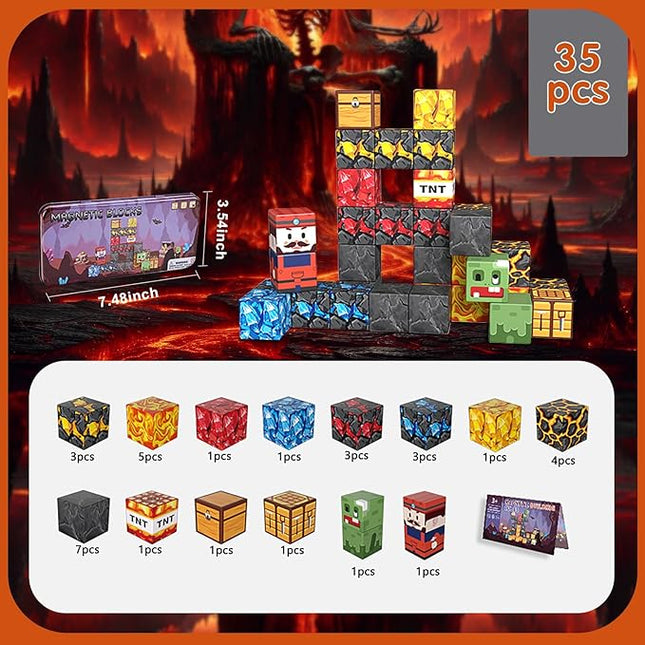 35PCS Magnetic Blocks for Kids - STEM Learning Creative Construction Sets Building Cubes with Portable Iron Storage Box, Educational Travel Games, Road Trip Sensory Toys Magnetic Tiles (Treasure Hunt)